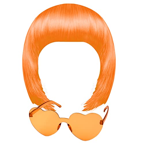 MIAHART Orange Short Bob Wig and Sunglass Set Neon Colored Wigs Sunglass Pack Costume Colorful Cosplay Wigs Daily Party Hairpieces for Bachelorette Neon Party Favors Halloween Decorations Supplies