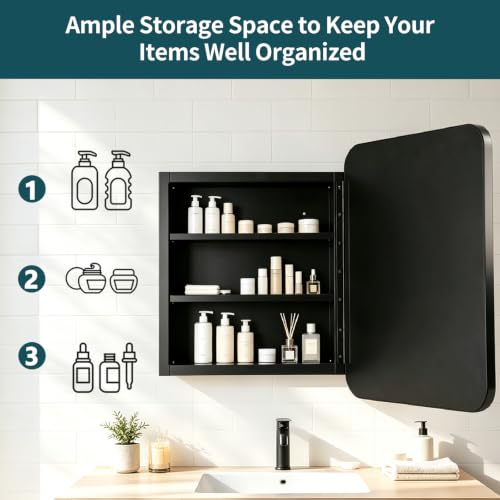 Image of Movo Black Metal Framed Bathroom Mirror Medicine Cabinet,14 Inch x 18 Inch Recessed Wall Mounted Medicine Cabinet with Mirror,Aluminum Storage Cabinet for Bathroom Vanity