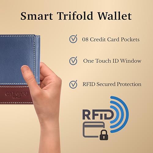 Image of Genuine Italian Leather Trifold Wallet for Men, RFID Blocking, 8 Card Slots, 2 Cash Compartments, Minimalist Billfold with Multiple Card Slots and Cash Storage, ID Window, Cognac Blue Leather
