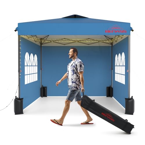 10x10 Pop Up Canopy with Sidewalls, Easy Up Canopy Tent, Heavy Duty Tents for Parties, One Person Set Up Event Tent, Light Blue