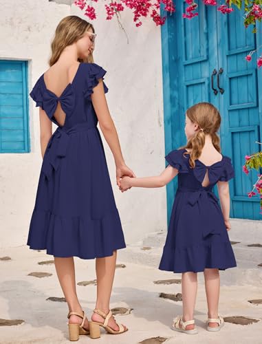 AWIBMK Mother Daughter Boho Dress Mommy and Me Summer Casual Holiday Flutter Sleeve V-Back Bowknot A-Line Dresses3