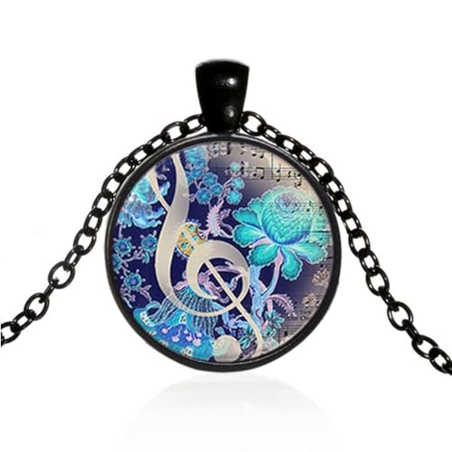 Vintage Musical Note and Floral Pattern Round Glass Pendant Necklace