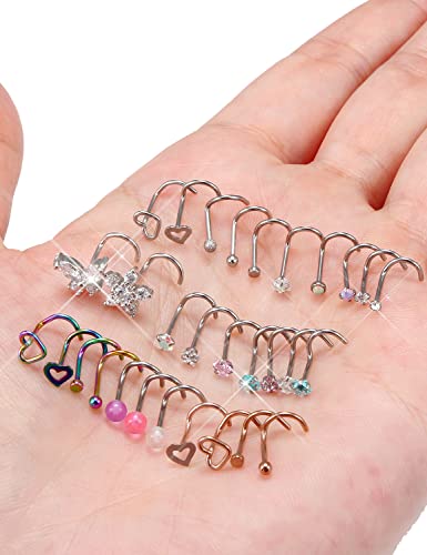 Prjndjw 20G 18G Nose Rings Studs Surgical Steel Nose Stud Glow Dark Heart Opal CZ Flower Nose Piercing Jewelry Nose Rings for Women Straight Screw L Shaped Nose Rings Hypoallergenic Nose Piercing Kit3