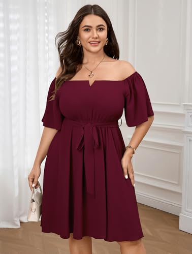 Image of SCOMCHIC Womens Plus Size Cocktail Dress Summer Off Shoulder Short Sleeve Flowy Ruffle A-Line Cute Mini Dress with Belt
