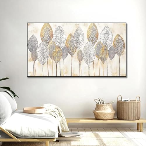 Toile moderne fleurs 50x90 cm et paysage abstrait feuille d'or pour salon
