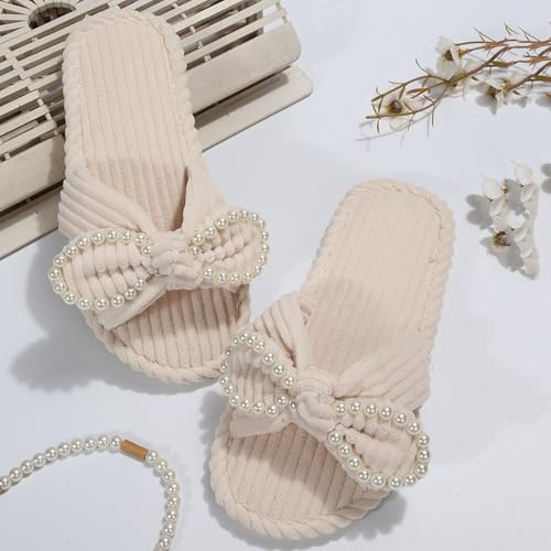 Women Pearl Embellished House Slipper Kink Bow Textured Indoors Slide Lightweight Flat Sandal Casual Shoe4