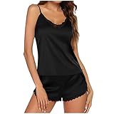 Youmymine Women's Sexy Satin Sleepwear, Lace Babydoll Lingerie Nightgown Chemise Slip Nightshirts Pajamas Set (Black, L)