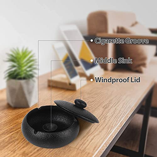 Webao Aschenbecher aus Keramik mit Deckel für Draußen Retro Windaschenbecher Kreativer Standaschenbecher für Home Office Dekoration, Schwarz - Image 6