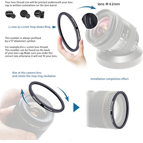 Adaptateur d'objectif 62mm vers 58mm pas de vis bloque resolu bague de conversion stable - 4