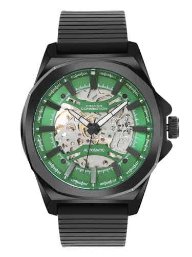 Image of French Connection Mechalume Men's Automatic Watch See-Through Green Round Dial Silicone Strap Model - FCA23NBL