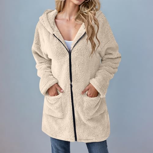 KOG Fleecejacke für Damen Wintermantel Warme Teddyjacke Wollmantel Einfarbig Streetwear Frauen Kapuzenpullover übergangsjacke Strickjacke Frau Daunenmantel Sportjacke Dufflecoat Beige XL