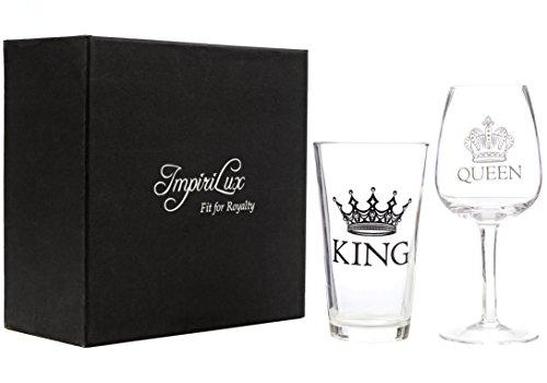 King Beer & Queen Wine Glass Set | Beautiful Gift for Newlyweds, Engagements, Anniversaries, Weddings, Parents, Couples, Christmas - Novelty Drinking Glassware (King Beer & Queen Wine Glass Set)