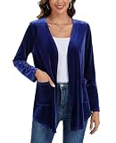 LADI TREND Women's Long Velvet Cardigan Long Sleeve Open Front Irregular Lightweight Long Tailored Jacket Coat with Pockets,Royal Blue,M