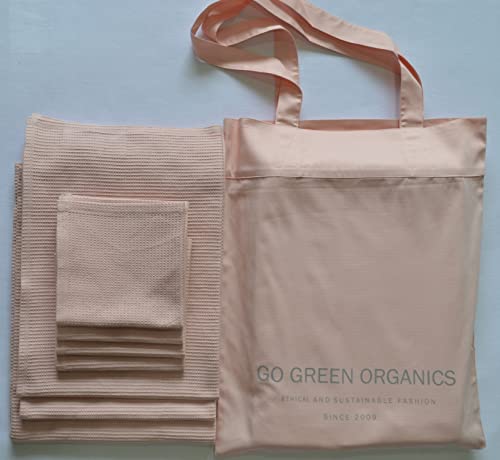 GO GREEN ORGANICS Waffle Bath Towel Set Organic Cotton GOTS Certified Pearl Blush Super ABSORBANT & Quick Dry NO SOFTENERS Environment Friendly 1xBATH 58x30.5, 2xHAND 29x20, 4xFACE 12x12INCH