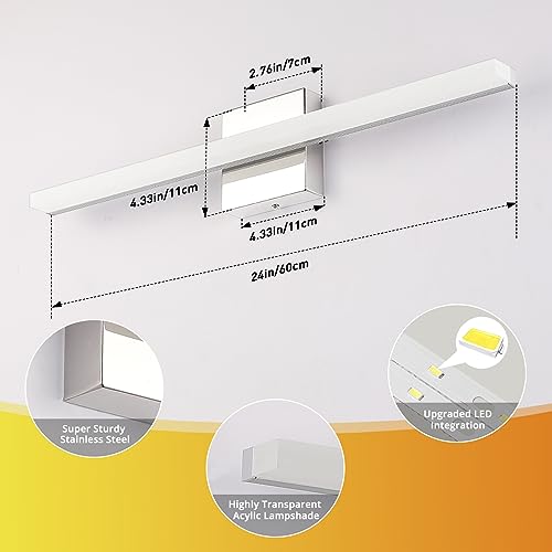 Image of Combuh Lights for Bathroom Vanity Fixtures Above Mirror Soft Shadow Free Wall Lamp, LED 14W 24 Inch Long Lamp Bars Chrome Natural White 4000K Restroom Lighting Lamparas Luces para Banos Sobre Espejo | 24 inch long, chrome, soft shadow free, linear, for power room, rustproof, 4000K natural white, lampara para bano, 1 pack
