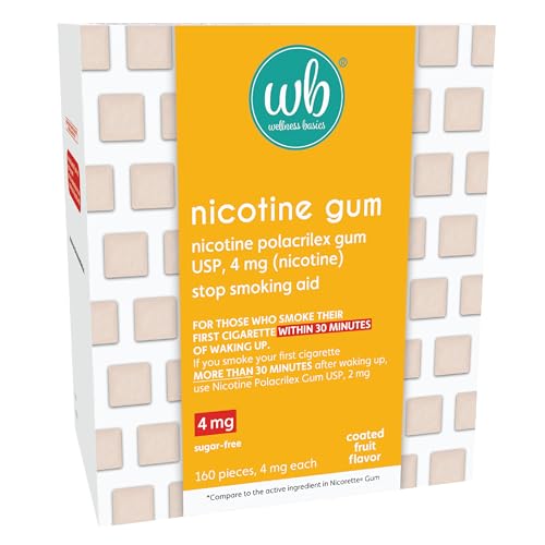 Wellness Basics Nicotine Gum 4mg | Stop-Smoking Aid | Fruit Flavor | 160 Count | Reduces Cravings & Withdrawal Symptoms