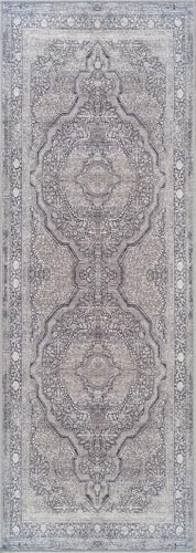 Image of Bloom Rugs Washable Non-Slip 7 ft Runner - Blue /Steel Gray /Beige Traditional Medallion Runner for Entryway, Hallway, Bathroom, and Kitchen - Exact Size: 2.5' x 7'