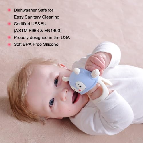Image of Reindeer Organic Baby Toys 0-6Months, Mitten for 3-6Months, Easy to Hold Stem with Chewing Nubs for Teething Pain Relief for 6-12Months Babies,(Light Blue)
