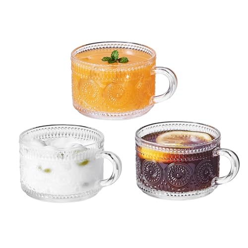 Eden & Willow Set of 3 Embossed Glass Tea and Coffee Mug 325ml - Wide Mouth Cup with Handle - Thick Thermal Shock Resistant Drinking Glass for Hot Chocolate, Milkshakes, Breakfast Bowls