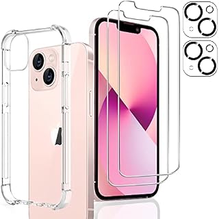 ULUQ Case Compatible with iPhone 13 Crystal Clear, with 2 Pack Tempered Glass Screen Protector & 2 Pack Camera Lens Protector, Shockproof Protective Anti-Yellowing Slim, 6.1inch [1+2+2]