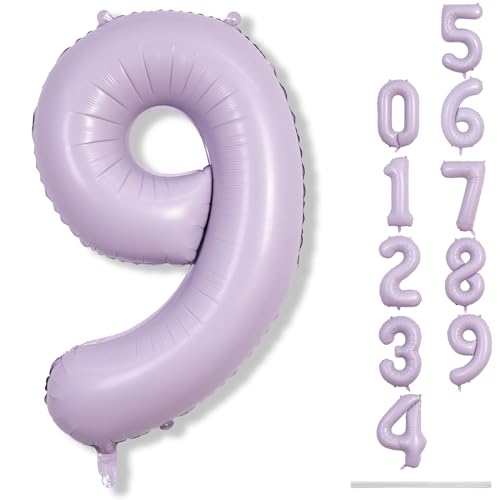 Image of Dusty Pastel Purple Number 9 Balloons, 40 Inch Large Light Purple Foil Number Balloons Set 0-9 for Girls, Globos de Numero 9 Helium Balloon for 9th Age Birthday Anniversary Party Decorations Supplies