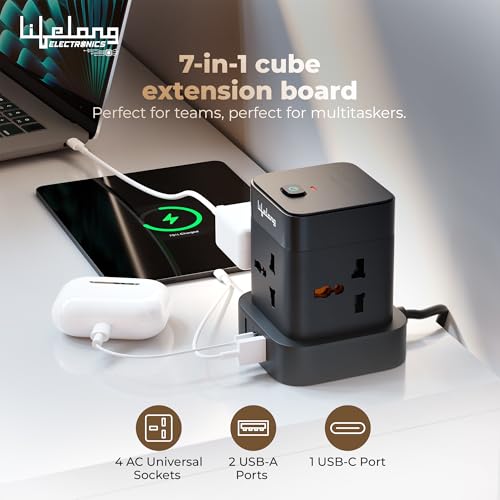 Image of Lifelong Electronics Extension Board 7-in-1 with Switch | 4 AC Sockets + 3 USB Ports (2 Type A + 1 Type C) | Overload Protection | Desk Accessories & Multiplug Gadget | 2M Cord (Model: Cube)