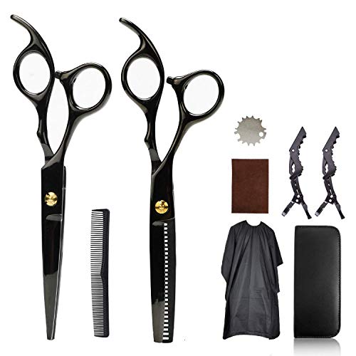 zfitpot Juego de tijeras de peluquera para adelgazar el cabello, tijeras de peluquera con pao de limpieza, tarjeta de molienda, peine de afeitar, clips, juego de corte de pelo profesional mejorado