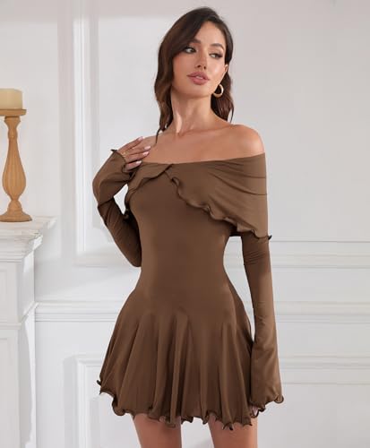 Image of Off The Shoulder Dresses for Women Long Slv Ruffle Bodycon Graduation Dress