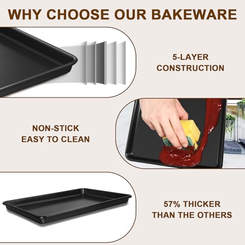 Terlulu Baking Tray, Baking Trays for Oven Non Stick Set of 3, Carbon Steel Cookie Sheet Pan for Baking Cooking Serving, Multi-Pack Set Oven Trays, Heavy Duty & Easy Clean, Dark Black - Image 4