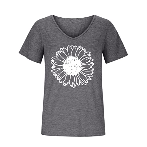 Summer Tops For Women Retro Sunflower Teen Girls Casual Tunic Tops Vintage Graphic Tees Short Sleeve V Neck Basic Tee #TOP3