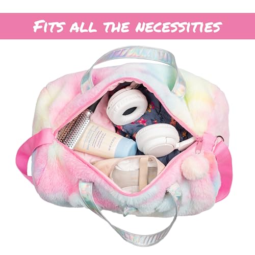 Kids Unicorn Duffel Bag - Rainbow Tie Dye Plush Overnight Weekender Bag for Girls, Cute Furry Travel Tote with Shoulder Strap Birthday Gift3