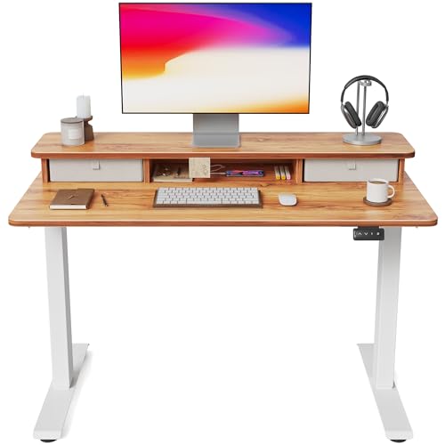 FEZIBO Height Adjustable Electric Standing Desk with Double Drawer, 100 * 60cm Stand Up Table with Storage Shelf, Sit Stand Desk with Splice Board, White Frame/Light Brown Top
