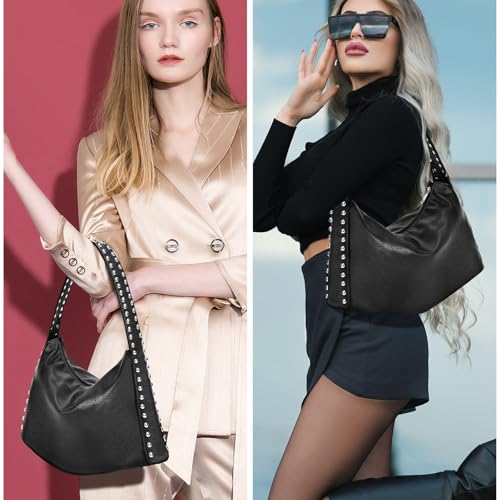 Image of Shoulder Purse,Punk Studded Purse Western Solid Vintage Underarm Bag Tote Bag, Handbag with Zipper Closure for Women (Black-sliver)