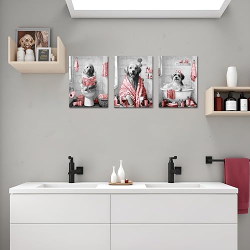 Image of sechars Funny Dogs Bathroom Wall Art Grey and Red Bath Decor Cute Animal Painting Canvas Print (Red)