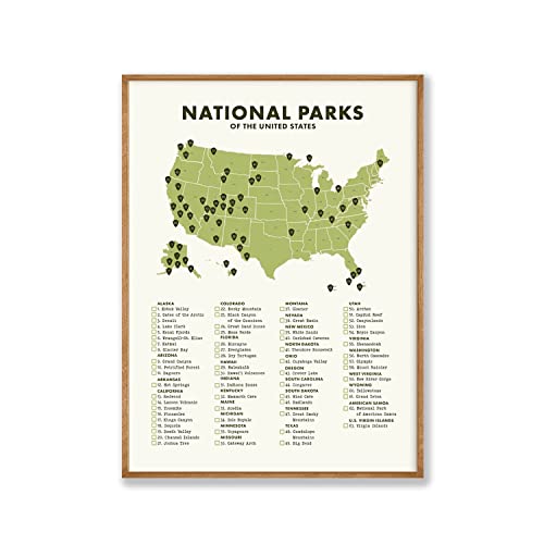 National Park Checklist And Map Wall Art Poster - 12” X 16” (Unframed), Travel Wall Decor, Van Life And Cabin Decor, Bucket List Wall Art For Living Room, Bedroom, Apartment, Dorm, And More #TOP1