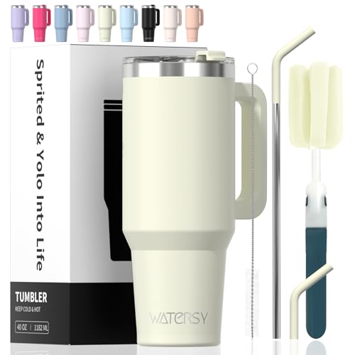 Image of 40 oz Tumbler with Handle,Tumbler with Lid and Straw,Double Wall Insulated Cup Stainless Steel Travel Mug(Cold for 34 Hours),Water Bottle for Iced Tea,Coffee,Cold Beverages(Cream White)