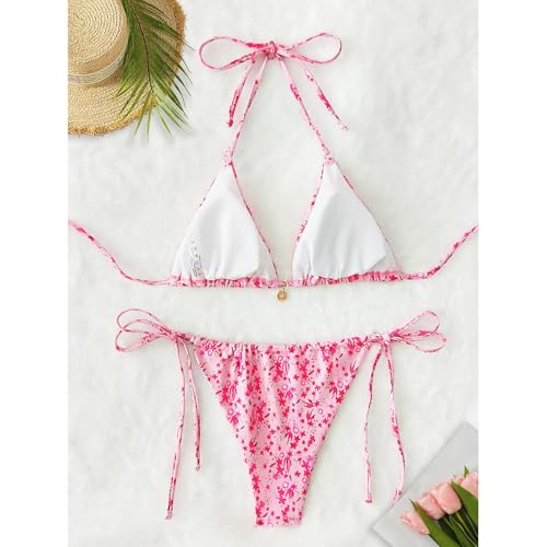 Bikini rouge pastèque dos nu avec string sexy à laçage latéral - 3