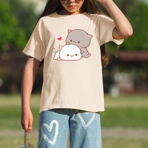 KEEVICI Cute Cat Shirts for Girls Graphic Tees Kids Kawaii Cartoon Animal Print T Shirt Summer Cotton Short Sleeve Tops3