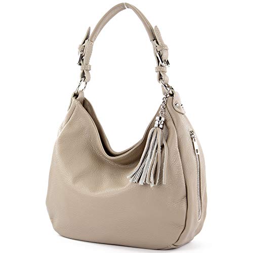 modamoda de T200 Damen Leder Schultertasche Henkeltasche handmade in Italy, Farbe:Graubeige