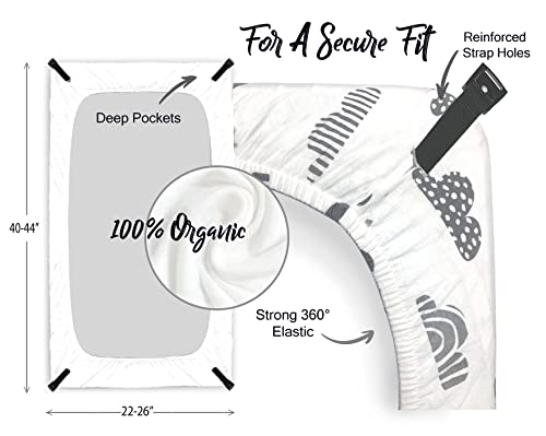 100 organic cotton fitted travel cribplayard sheets for guava lotus babybjorn dream on me baby joy and all 2434 x 4234 padsmattresses safety strap holes in corners 2 pk clouds and stripes