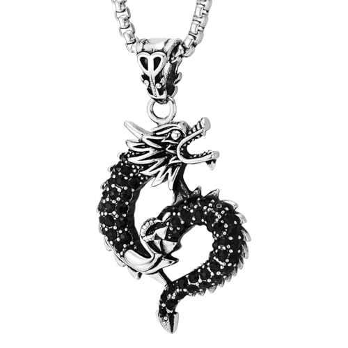 Collier dragon pendentif acier inoxydable pour homme avec zircone noir et chaîne blé de 60cm