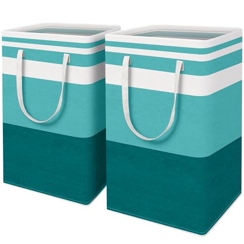 HomeHacks 2-Pack Large Laundry Basket, Waterproof, Freestanding Laundry Hamper, Collapsible Tall Clothes Hamper with Extended Handles for Clothes Toys in the Dorm and Family (Green, 88L)