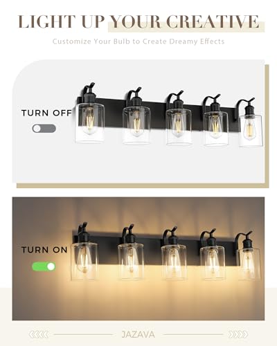 Image of 5 Light Bathroom Vanity Light, Black Light Fixture Morden Bathroom Lighting Fixtures Over Mirror Black Wall Sconces with Clear Glass Shade ZCVL01BK-5