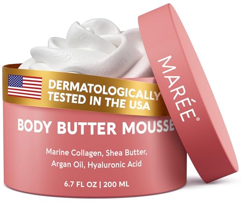 MAREE Moisturizer Body Butter Mousse - Whipped Body Butter for Women Smell Good - Facial Moisturizer for Dry Skin - Face Hand Body Cream for Women & Men with Marine Collagen, Shea Butter & Argan Oil