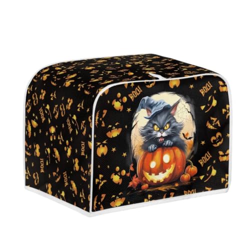 Image of Talayituse Halloween Cat Pumpkin Bat Print 2 Slice Toaster Dust Covers Kitchen Small Appliance Cover, Stain Resistant Dust Protection Bread Machine Cover with Top Handle Halloween Decor, S