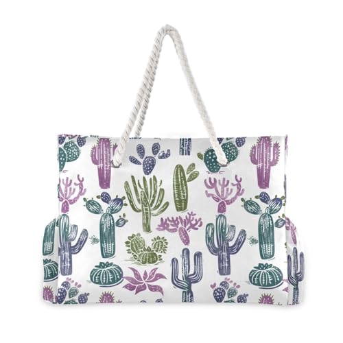 Retro White Cactus Collection Sandproof Women Tote Bags with side pocketes Beach Bag Sandproof Outdoor for Pool Gym Grocery Travel2