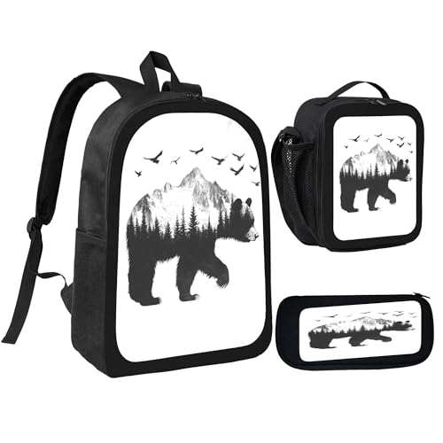 3PCS Backpack for Women & Men Forest Animal Bear Bird Adjustable Back Pack with Lunch Bag and Pencil Case Lightweight Casual Daypack Laptop Rucksack for Travel Work Camping Outdoor2
