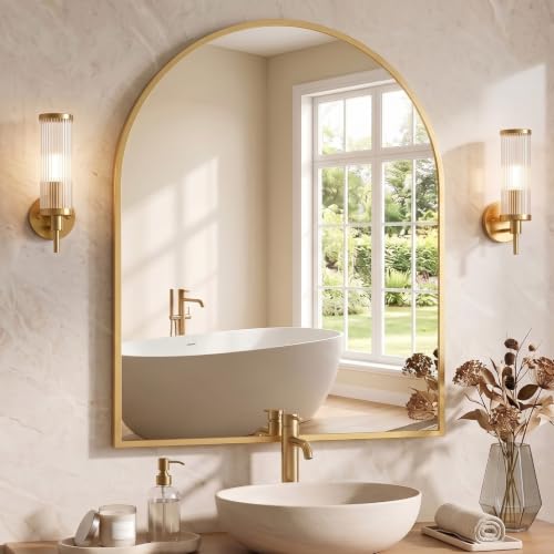 Image of NEWBULIG 32X30 Inch Arched Bathroom Mirror for Wall, Vanity Bathroom Mirrors for Over Sink Tempered Glass, Anti-Rust Arched Metal Framed, Hangs Horizontally or Vertically, Farmhouse Home Decor, Gold