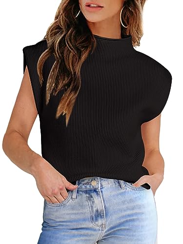 Image of Womens Sleeveless Sweater Vest Turtleneck Ribbed Knit Tank Tops Basic Slim Fit Top