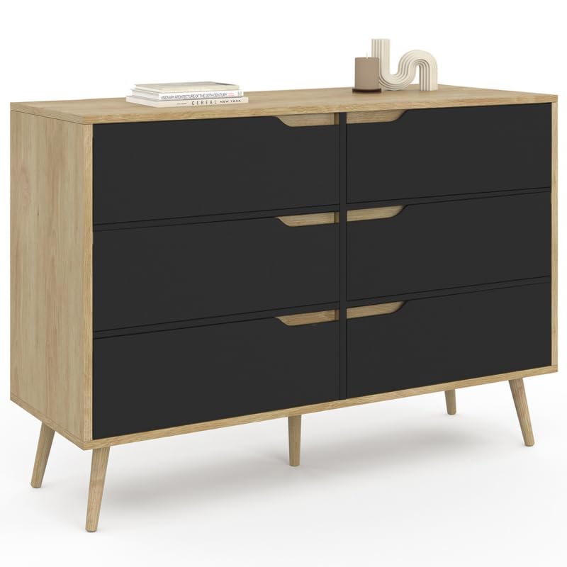 IDMarket Helsinki - Cajonera 6 cajones (115 cm), diseño escandinavo de haya y negro